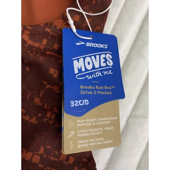 Brooks NWT 32C/D Drive 3 Pocket Run Bra Glitch Print Copper Compression Wicking - Picture 3 of 10